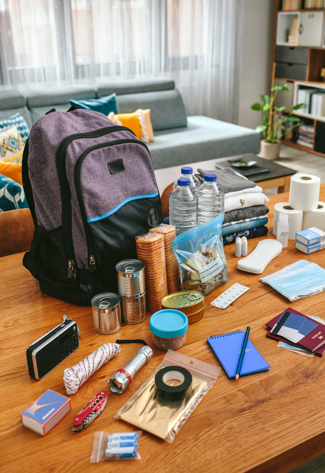 Backpack with Emergency Supplies on Table